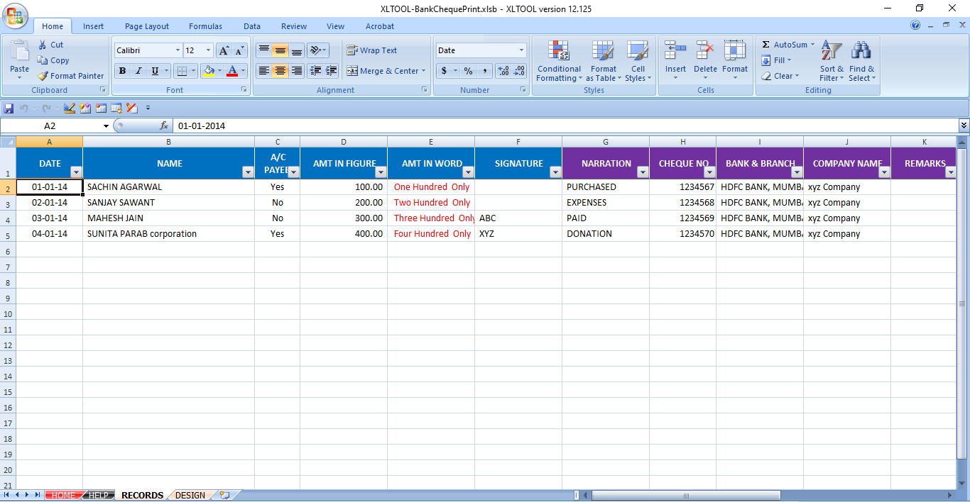 Excel Cheque Printing Template