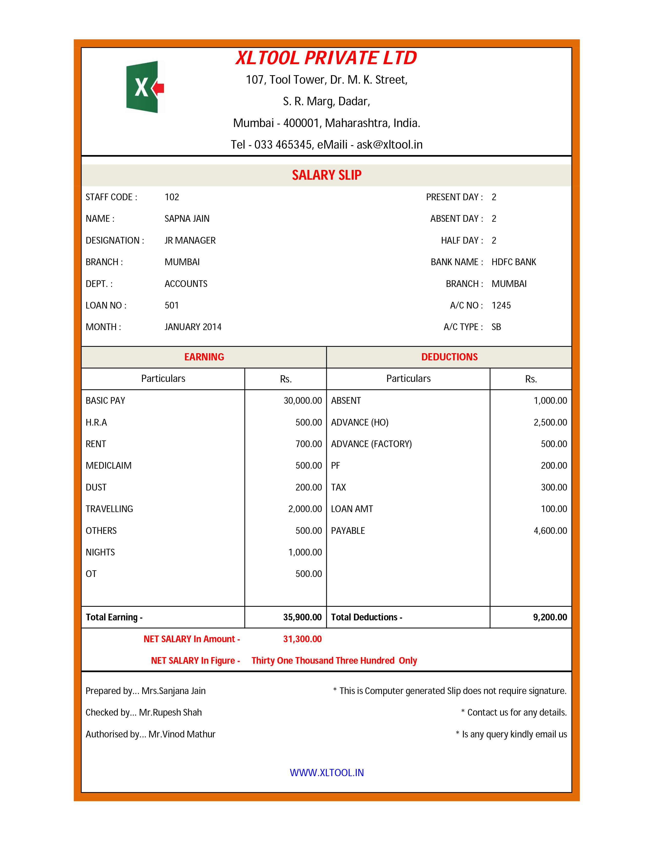 Salary Slip Software Excel XLTOOL   SalarySlipTemplate 